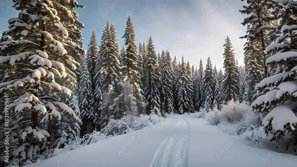 Snow-covered winter forest with tall evergreens and a serene path through pristine landscape Snow-covered winter forest with tall evergreens and a serene path through pristine landscape