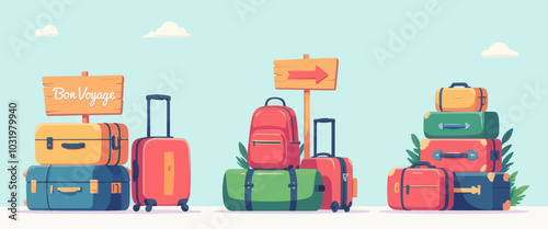 Travel Luggage with Bon Voyage Sign 
