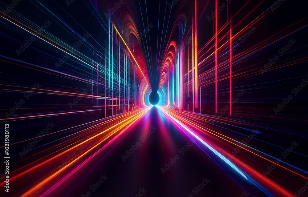 Neon lines converge toward a glowing tunnel in a dark, abstract background. Neon lines converge toward a glowing tunnel in a dark, abstract background.