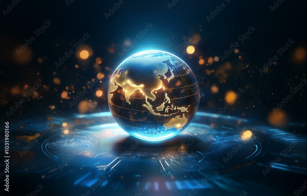 A glowing golden globe with a futuristic grid and continents resting on a blue, digital surface with blurred lights in the background. A glowing golden globe with a futuristic grid and continents resting on a blue, digital surface with blurred lights in the background.