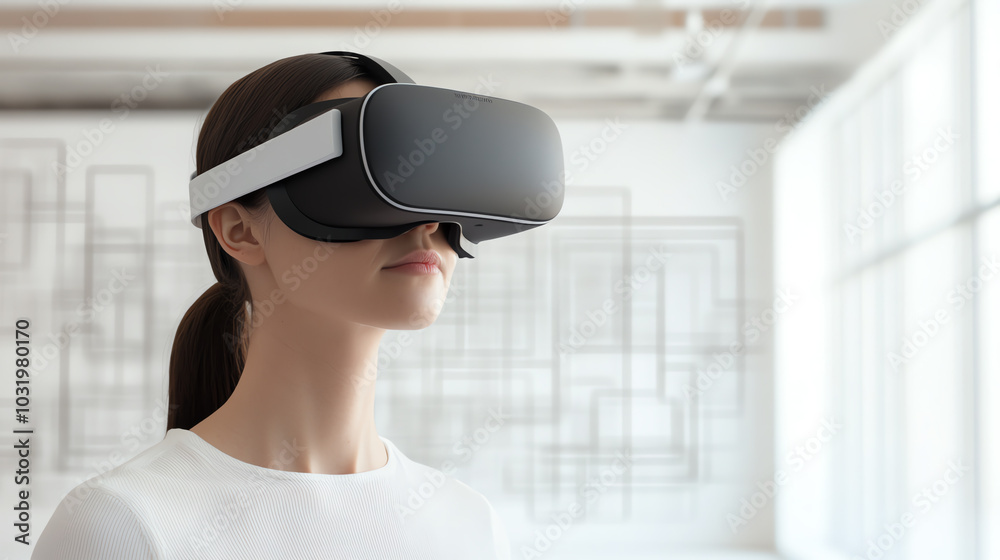 A young woman wearing a virtual reality headset, immersed in a digital experience, in a modern, minimalistic environment. The scene captures focus and innovation in technology. A young woman wearing a virtual reality headset, immersed in a digital experience, in a modern, minimalistic environment. The scene captures focus and innovation in technology.