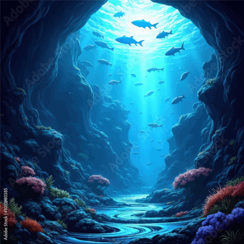 Underwater Canyon with Fish and Coral 
