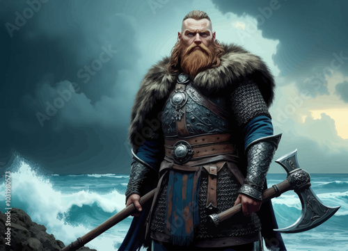 Viking Warrior with Axe by the Sea 
