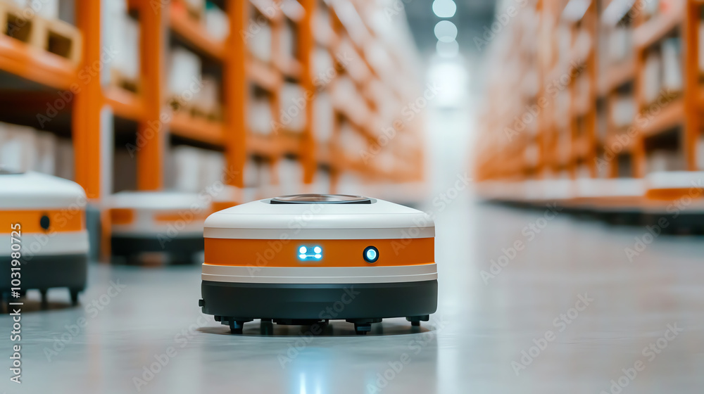Robotic warehouse assistant navigating the aisles of a modern storage facility, showcasing efficiency and automation in logistics management. Robotic warehouse assistant navigating the aisles of a modern storage facility, showcasing efficiency and automation in logistics management.