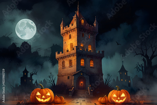 The haunted tower on Halloween night has ghost bats and ghost pumpkins.