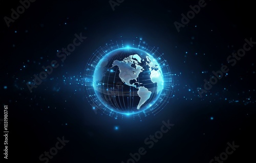 A glowing, digital representation of the Earth on a dark blue background.