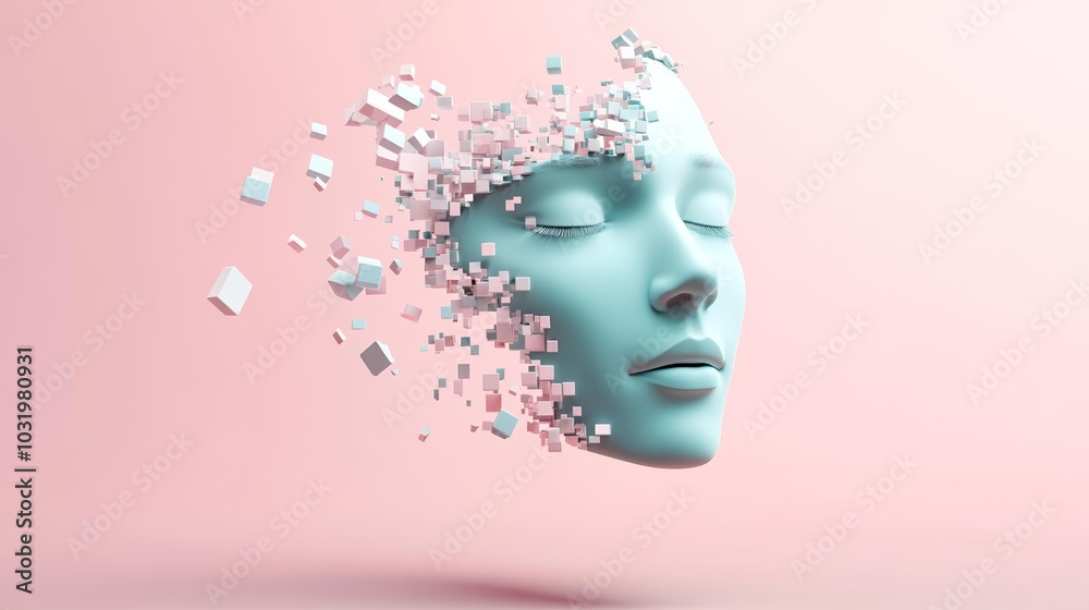 3D-rendered face breaking into floating pixels, minimalistic pastel background, concept of AI, machine learning, and digital identity 3D-rendered face breaking into floating pixels, minimalistic pastel background, concept of AI, machine learning, and digital identity