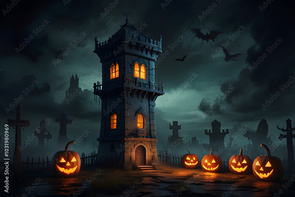 The haunted tower on Halloween night has ghost bats and ghost pumpkins. The haunted tower on Halloween night has ghost bats and ghost pumpkins.