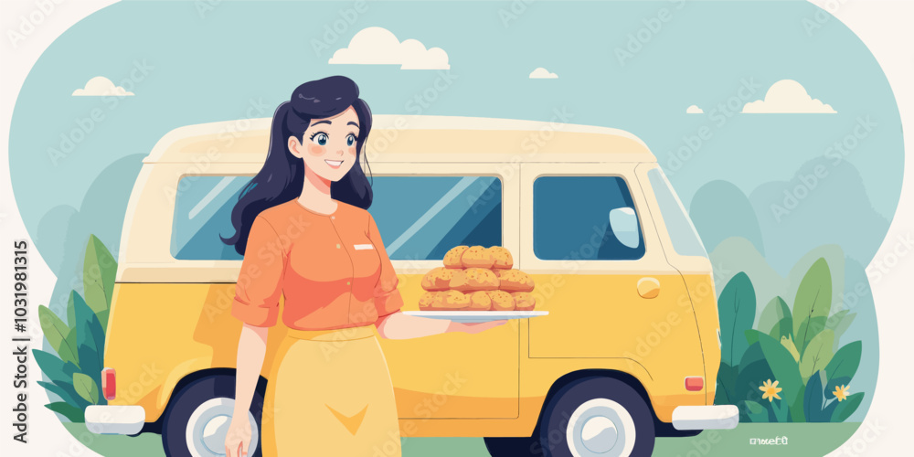 Fototapeta premium Woman Offering Pastries Near Yellow Van