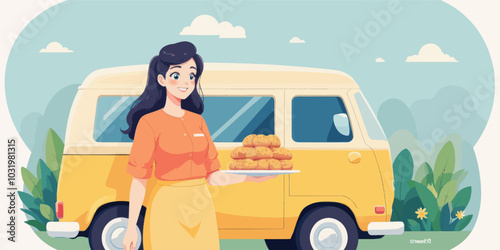 Woman Offering Pastries Near Yellow Van