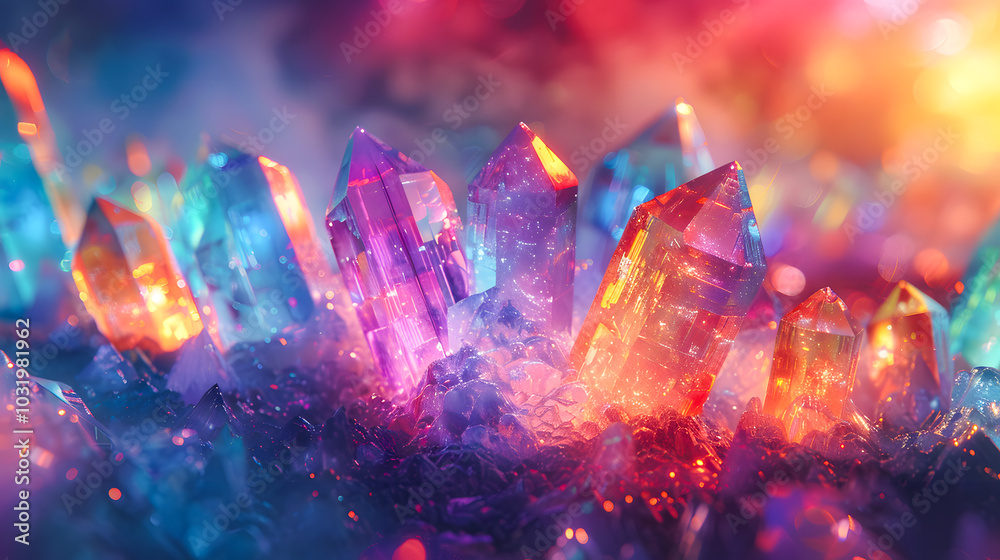 Abstract background of shiny translucent crystals, each with its unique shape and color. The crystals appear to be illuminated from within, creating a captivating glow and a sense of depth