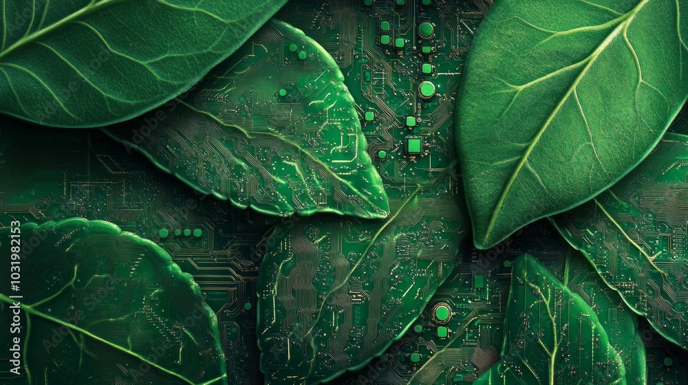 Fototapeta premium Eco-friendly circuit board design with lush green leaves, symbolizing the blend of technology and nature
