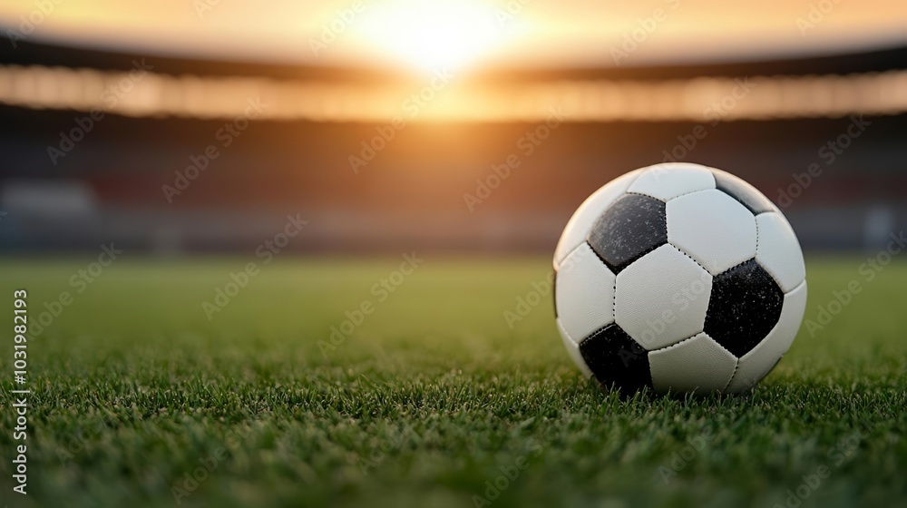 Fototapeta premium Soccer ball resting on grass in an empty stadium, glowing sunset in the background, symbolizing anticipation for a big match or tournament