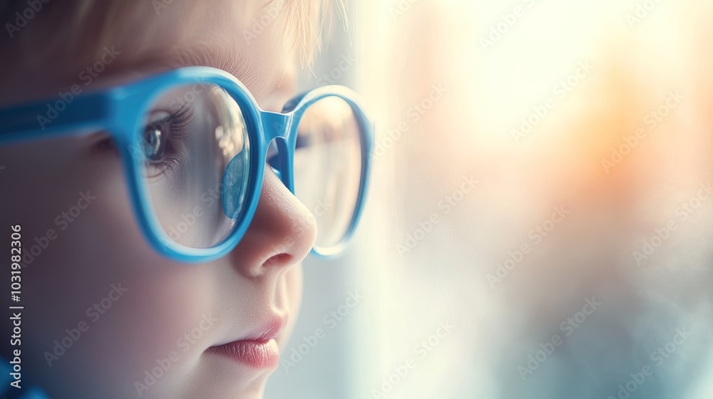 Young child wearing blue glasses focusing on distant tree outside window, symbolizing myopia prevention and importance of outdoor activities. Young child wearing blue glasses focusing on distant tree outside window, symbolizing myopia prevention and importance of outdoor activities.