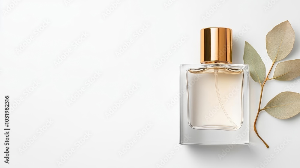Stylish perfume bottle with a golden cap, accompanied by a delicate leaf, set against a clean white background, luxury fragrance product shot Stylish perfume bottle with a golden cap, accompanied by a delicate leaf, set against a clean white background, luxury fragrance product shot