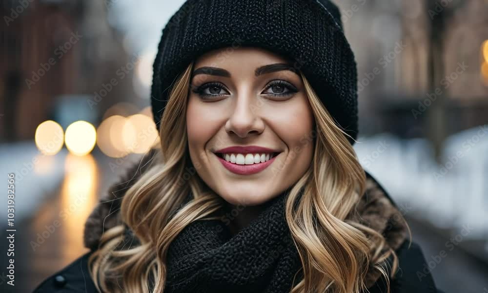 A smiling woman in winter attire, standing outdoors with a blurred city background. A smiling woman in winter attire, standing outdoors with a blurred city background.