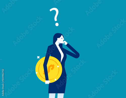 Money. Businessman investor holding money coin thinking about investment, pay off debt or invest to earn profit