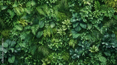 Lush vertical garden showcasing a variety of plant textures in a green backdrop