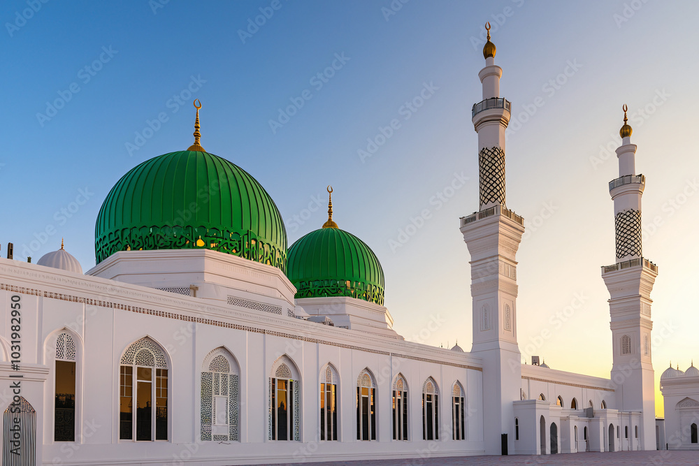 Obraz premium mosque at golden hour, green dome glowing