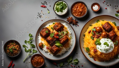 Indian spicy mutton Biryani with raita and gulab jamun Served in a dish side view on grey background
 photo