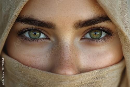 Portrait of a beautiful young woman wearing a hijab covering her face, a close-up photo portrait.