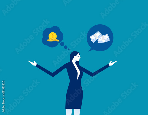 Money. Businessman liar talk about big profit while think of small money in reality, Exaggeration lying about investment profi
