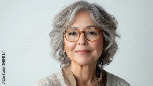 Elegant older woman with stylish glasses and gray hair