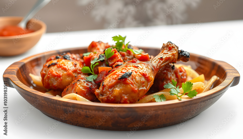 Barbeque Chicken in Wooden Dish with Homemade Chilli Sauce and Garnish isolated with white highlights, png Barbeque Chicken in Wooden Dish with Homemade Chilli Sauce and Garnish isolated with white highlights, png