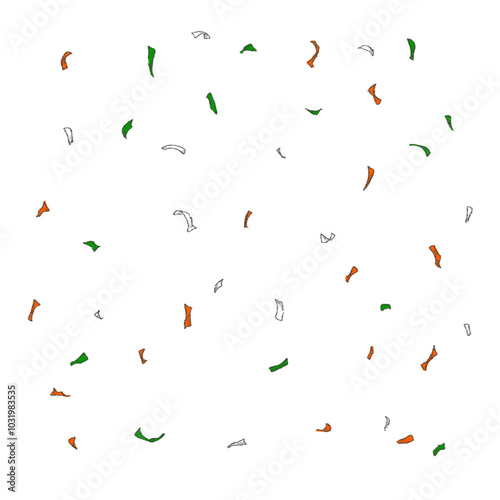 Tricolour orange saffron green white India flag confetti on clear background