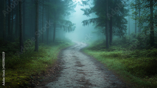 A forest path that disappears into a thick, dark mist.