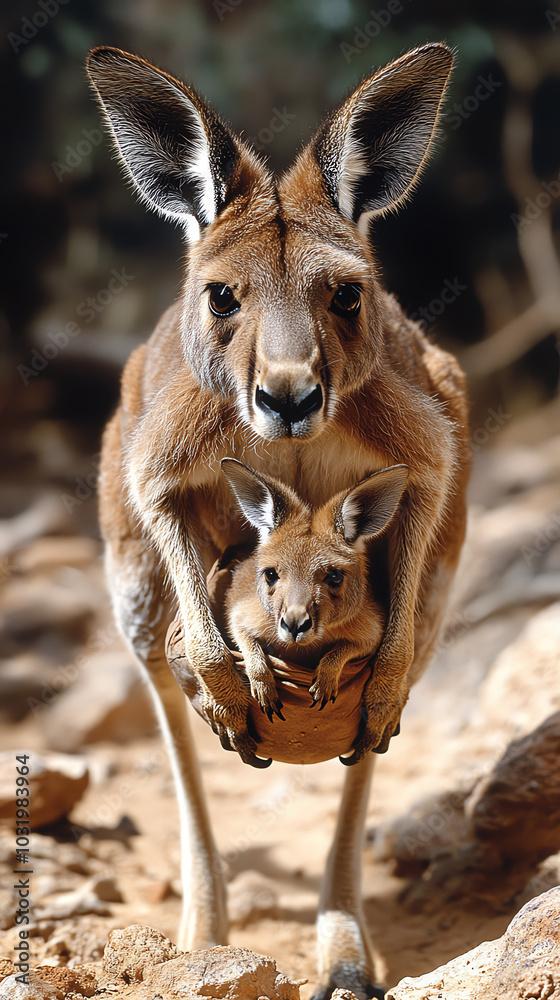 Fototapeta premium Mother kangaroo carrying baby joey.