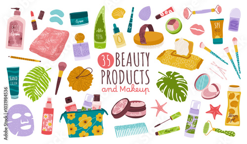 Set of 30 decorative beauty products, cosmetics and makeup in bottles, tubes, jars and dispensers: body, hair and face care, beauty accessories for women. Isolated flat vector illustrations.