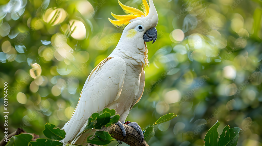 White Cockatoo with Yellow Crest Perched on a Tree Branch. White Cockatoo with Yellow Crest Perched on a Tree Branch.