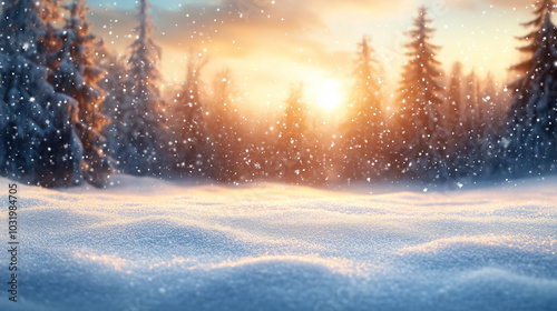 A snowy forest with trees and a sun in the background. The sun is setting and the snow is falling