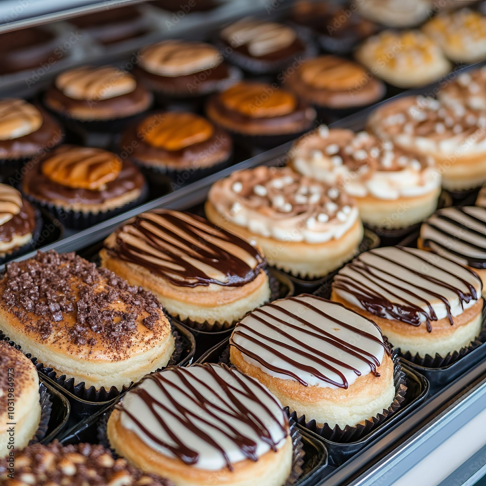 A variety of decorative pastries displayed in a bakery case. A variety of decorative pastries displayed in a bakery case.