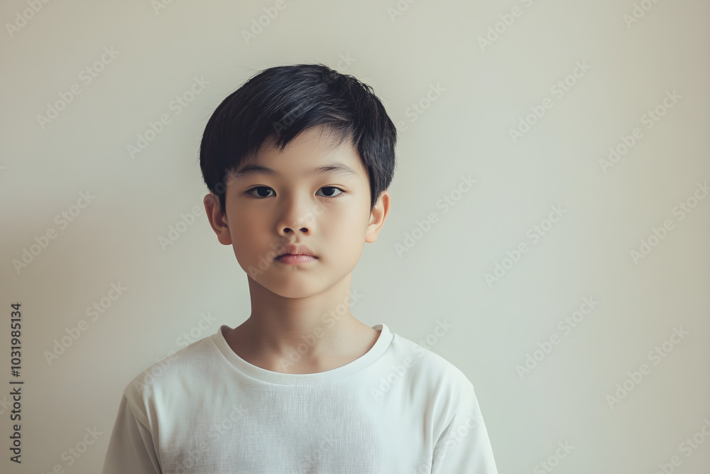 A minimalist portrait of an asian boy standing against a neutral background with a serious expression and direct gaze