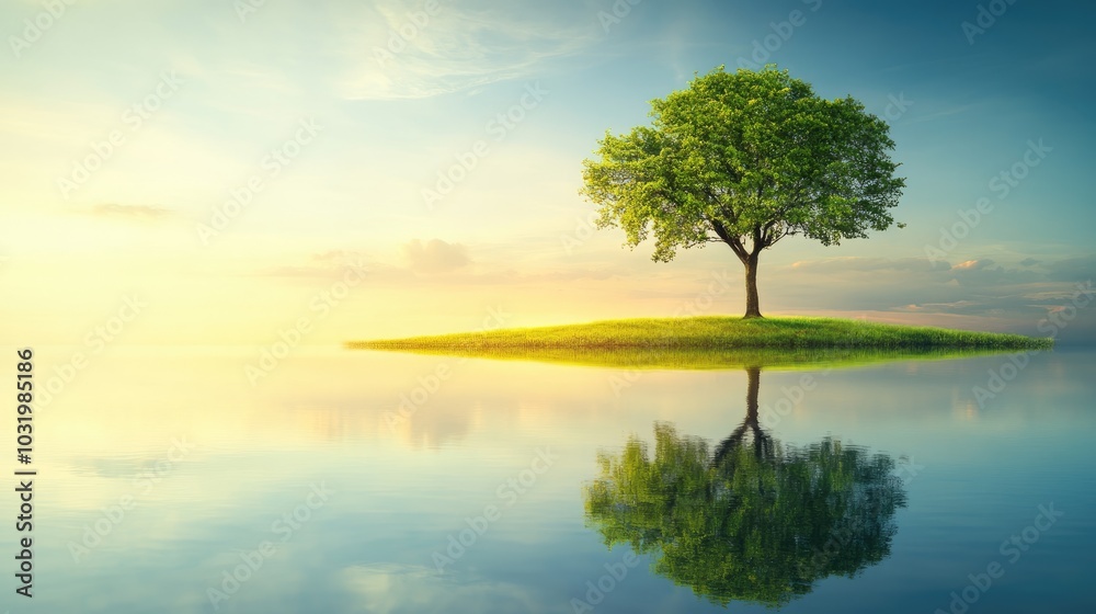Serene Tree Reflected in Calm Waters at Dusk Serene Tree Reflected in Calm Waters at Dusk