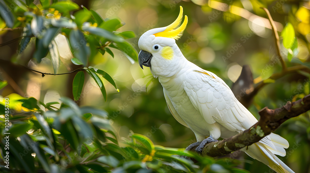 White Cockatoo with Yellow Crest Perched on a Tree Branch. White Cockatoo with Yellow Crest Perched on a Tree Branch.