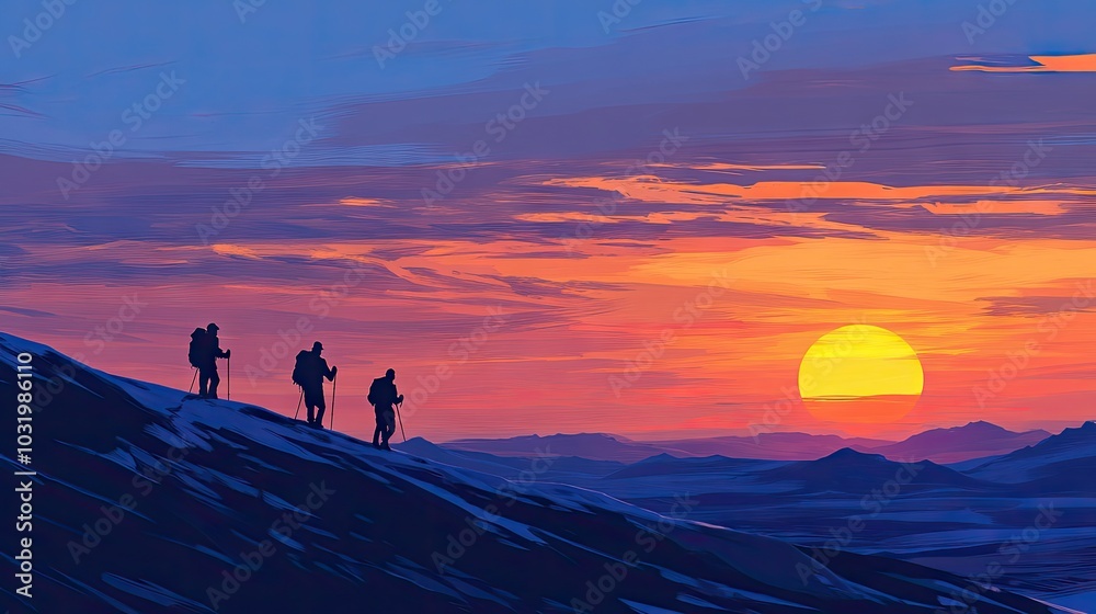 Adventurous Hikers at Sunset on Mountain Trail Adventurous Hikers at Sunset on Mountain Trail