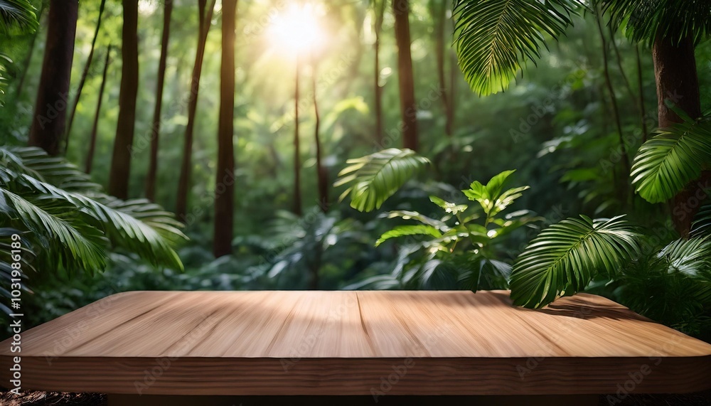 A natural product display featuring a wooden platform surrounded by vibrant greenery A natural product display featuring a wooden platform surrounded by vibrant greenery