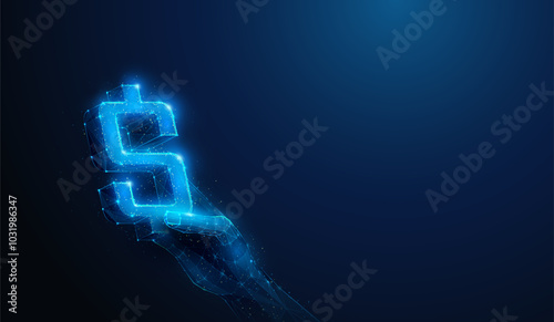 Abstract illustration of low poly hand holding USD Dollar sign. Blue geometric background depicting paying process on shopping concept by wireframe connection structure
