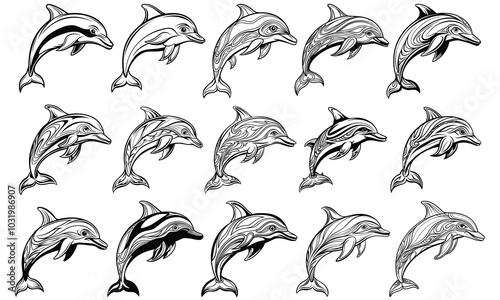Adult Dolphin Coloring Page, Detailed Line Art Design for Relaxation and Stress Relief, Ideal for Printable Art Therapy Activities or Adult Coloring Books, High-Quality and Beautiful Illustration.