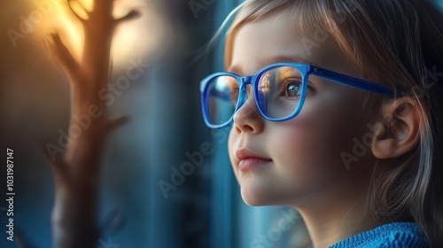 Young child wearing blue glasses focusing on distant tree outside window, symbolizing myopia prevention and importance of outdoor activities.