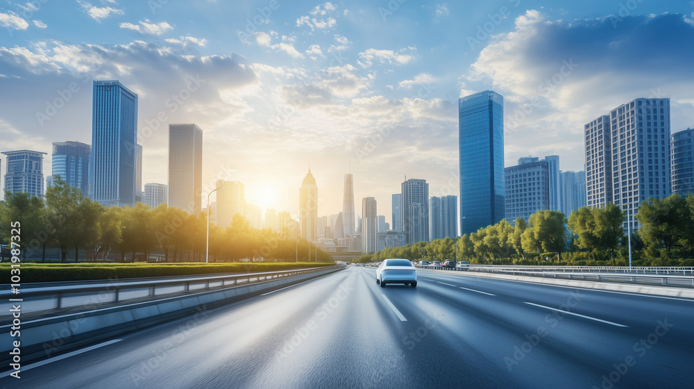 Fototapeta premium Bright Daytime Scene Featuring a High-Tech Autonomous Car on a Clear Road, Emphasizing Innovative Assisted Driving Technology with a Vibrant Blue Sky and Fluffy Clouds