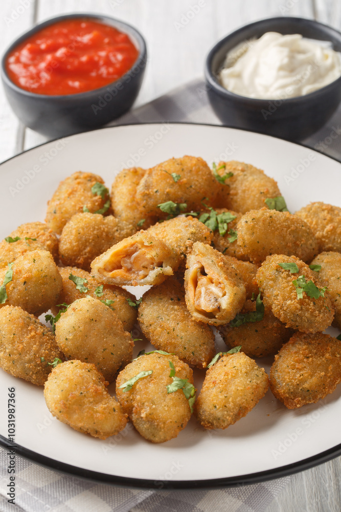 Breaded mussels served with mayonnaise and ketchup close-up in a plate on a table. Vertical Breaded mussels served with mayonnaise and ketchup close-up in a plate on a table. Vertical