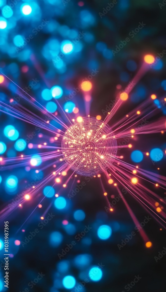 Fototapeta premium Abstract Background With Light Speed, Bokeh, Neon Lights. Futuristic Abstract Technology Background