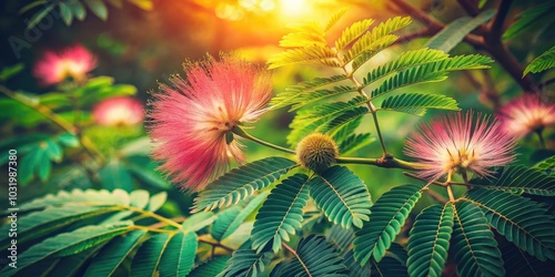 Vintage Style Photography of Calliandra Eriophylla Leaves Thriving in Cyprus Landscape â€“ Natureâ€™s Beauty, Botanical Art, Greenery, Flora, Mediterranean Vibes, Natural Textures, Leaf Patterns photo
