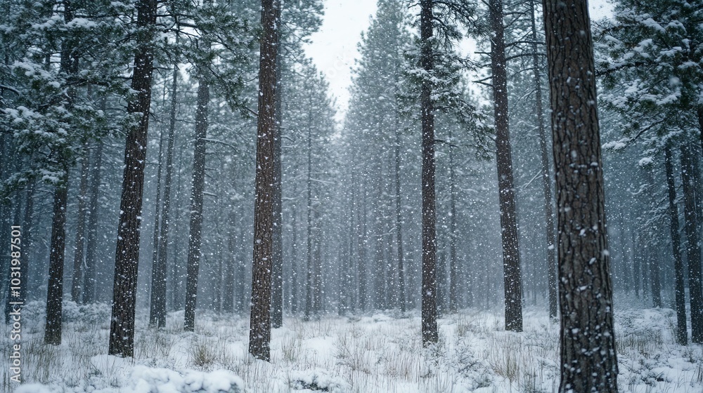 Fototapeta premium Enchanting Snowy Winter Forest Landscape with Tall Pine Trees