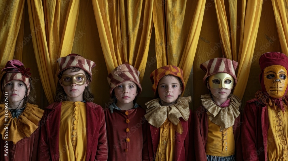 Fototapeta premium Children in masks and hats stand in front of a yellow curtain
