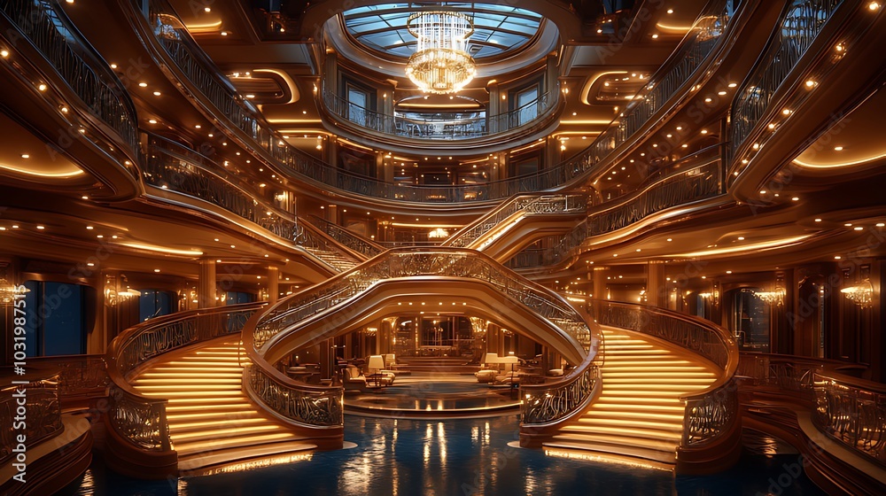 Obraz premium Luxurious grand staircase with ornate details and a chandelier in a palatial setting.